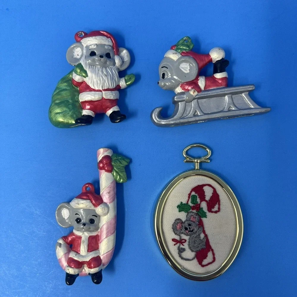 Vintage Christmas Mouse Mice Ceramic Ornaments Hand Painted Lot of 4 Collectible